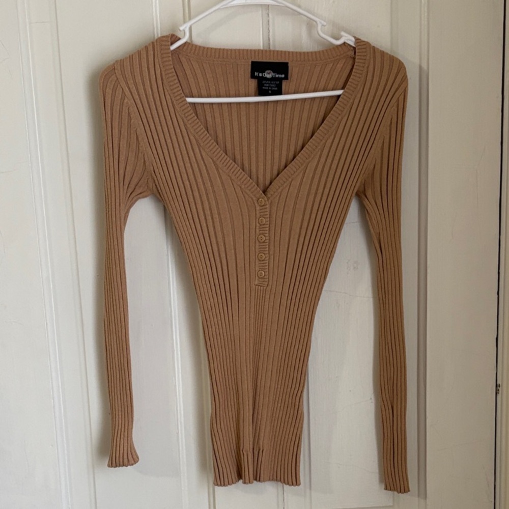 It's Our Time Tan Ribbed V-Neck Top